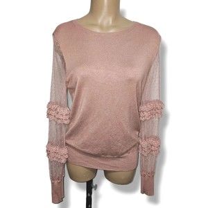 EXPRESS Dusty Rose L/S Knit Sweater | Sheer & Ruffle Sleeve Panels Sz SP